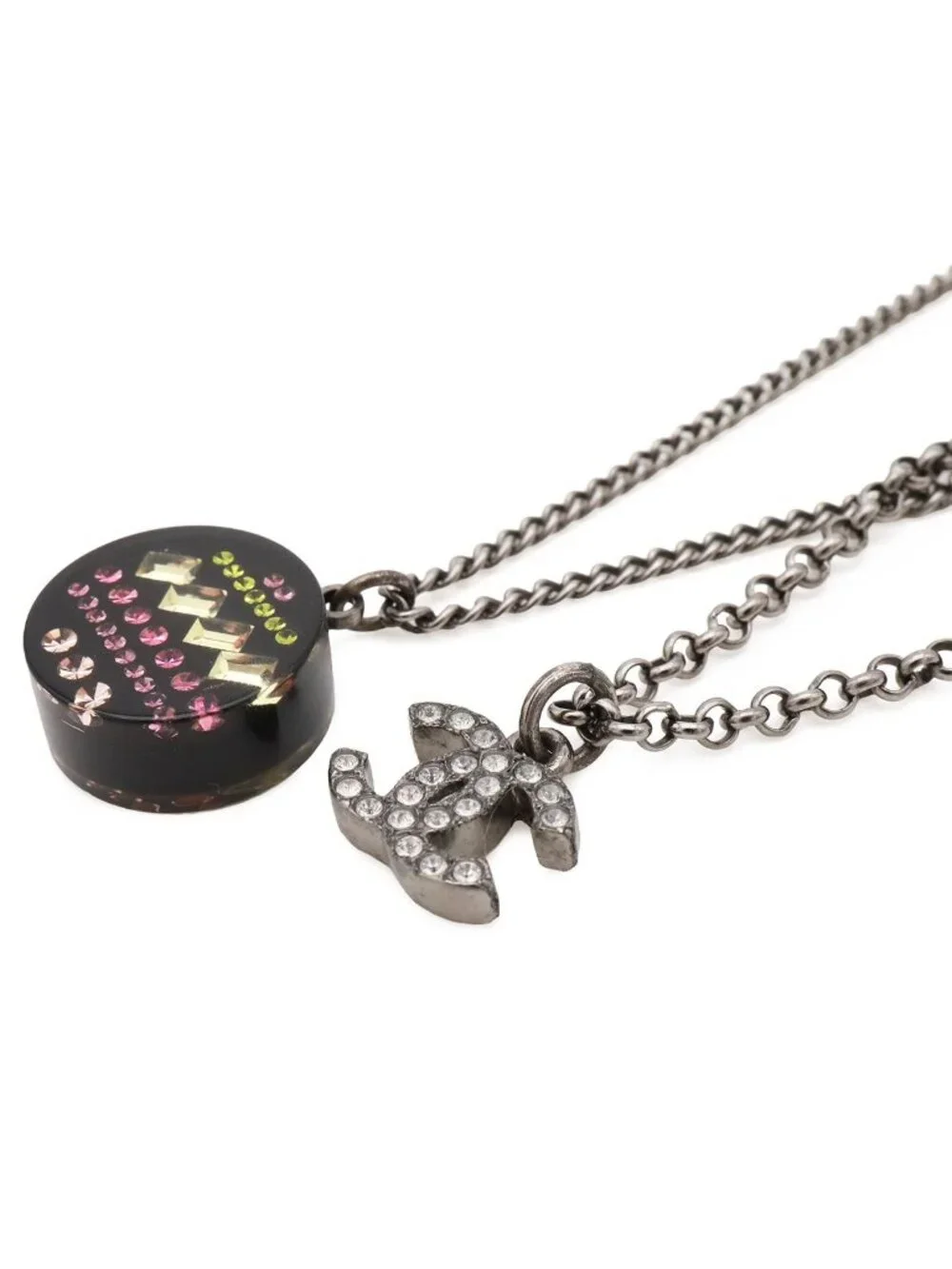 Chanel CC Logo Round Motif Double Chain Pendant Metal Rhinestone Black
